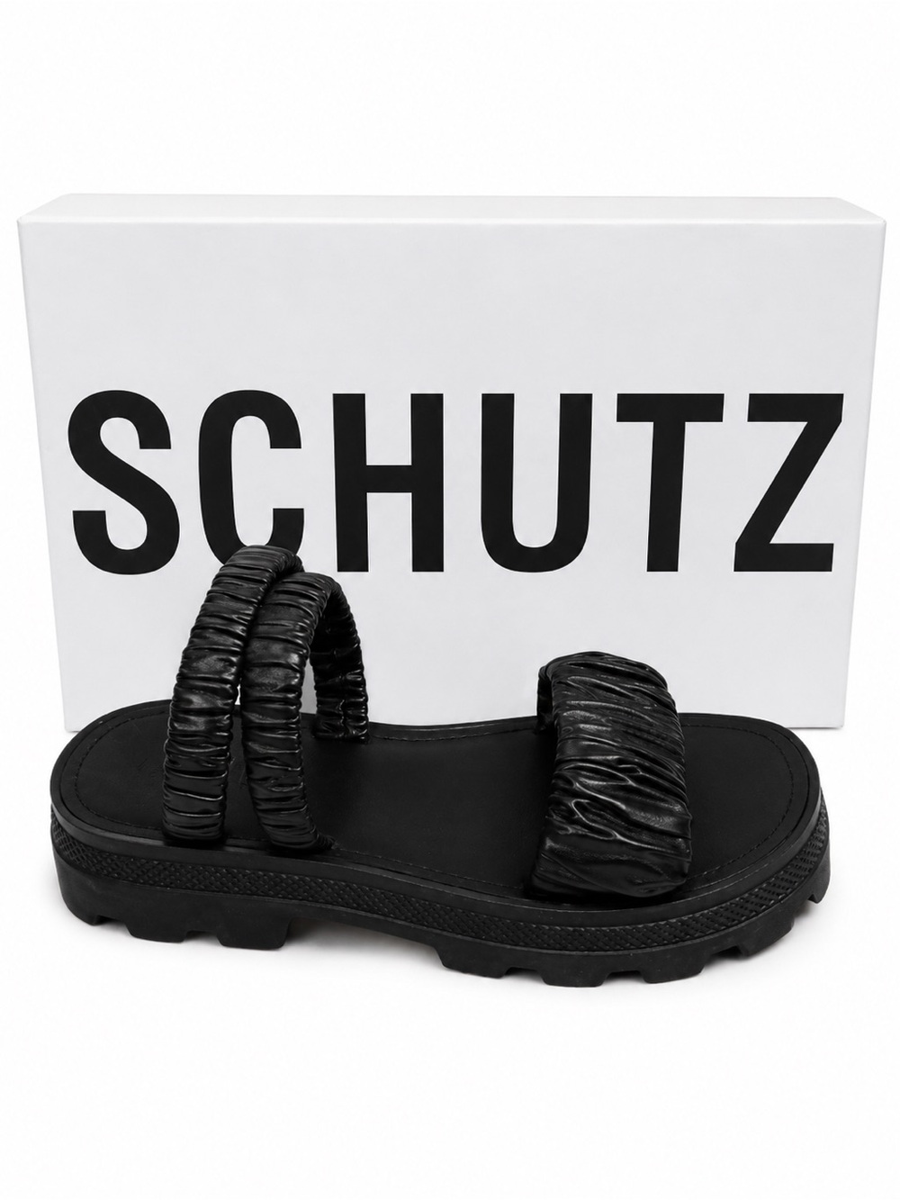 SCHUTZ Lirah Black Ruched Double-Strap Platform Slide Lug sole NIB